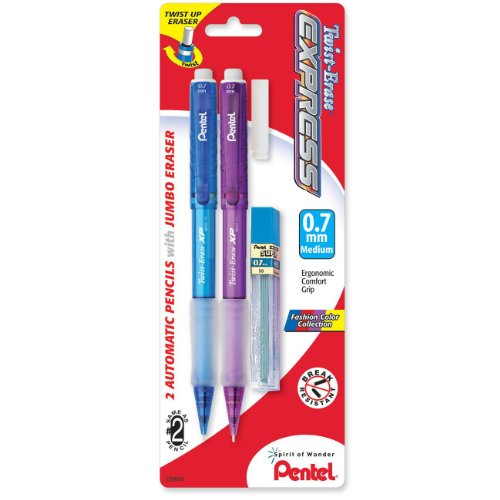 Pentel Twist-Erase EXPRESS Automatic Pencil with Lead and Eraser, 0.7mm, Assorted Barrels, 2 Pack (QE417FLEBP2)