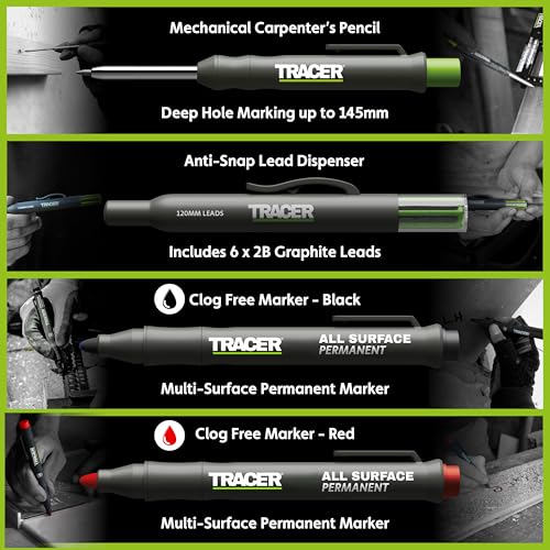 Tracer Marking Kit - Deep Hole Pencil, ALH1 Lead set and 2 Clog Free Markers with Holsters. Construction pencil & Marker set - style: 4pc Set