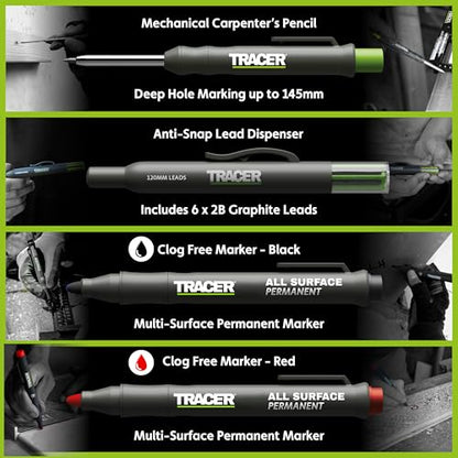 Tracer Marking Kit - Deep Hole Pencil, ALH1 Lead set and 2 Clog Free Markers with Holsters. Construction pencil & Marker set - style: 4pc Set