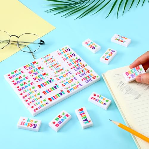 Dunzoom 100 Pcs Back to School Inspirational Pencil Erasers Bulk for Kids Fun Motivational Eraser School Office Supplies for Students Classroom Office Teacher Artists(Lovely) - style: Lovely
