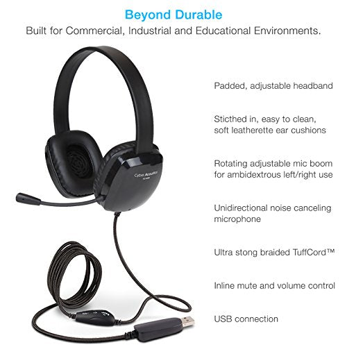 Cyber Acoustics Stereo USB Headset (AC-6012-20), Unidirectional Microphone with Flexible Boom for PC & Mac; in-line Audio Controls; Perfect for Classroom or Home - 20 Pack - size: 20-USBA