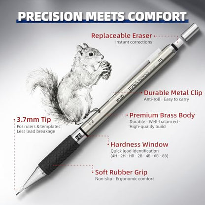 WUO 0.9mm Mechanical Pencil Set, 3PCS Metal Drafting Pencils with 360 HB Lead Refills, 1 Eraser Pen, 3PCS 4B Erasers, 12 Eraser Refills, Storage Case for Student Artist Writing, Drawing, Sketching