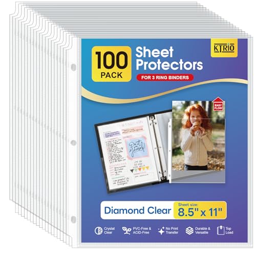 KTRIO Sheet Protectors 8.5 x 11, Page Protector for 3 Ring Binder, 100 Pack | Crystal Clear, Top Loading, PVC-Free & Acid-Free Polypropylene, No Print Transfer, Protects Letter Size Documents