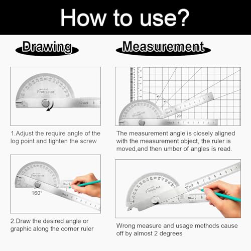 Protractor and Compass Set - 10cm (3.94 Inch) Stainless Steel Angle Finder with 2 Metal Compasses, 180° Adjustable Two Arm Ruler for Geometry, Woodworking, Engineering & School Supplies