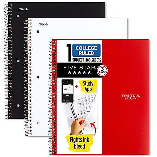 Five Star Spiral Notebooks + Study App, 3 Pack, 1 Subject, College Ruled Paper, Pockets, 100 Sheets, Home School Supplies for College Student or K-12, 11” x 8-1/2", Black, White & Red (73055) - color: Black, White, Red