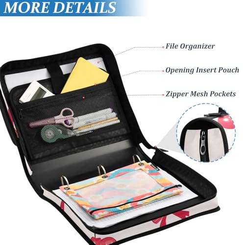 Cherry Bow Pattern 3 Ring Zipper Binder Bag Binder Organizer with Handle Shoulder Strap for School Work Office Supplies - color: Cherry Bow Pattern