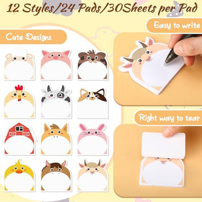Yinder 24 Pads Cute Sticky Notes Fun Kawaii Farm Animal Sticky Notes Pads Bulk Cartoon Memo Self Adhesive Gift Back to School Veterinary Office School Tab Party Supplies - style: Farm Animals