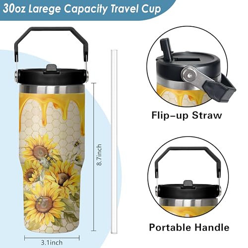 Queen Hero 30 oz Bee Tumbler with Handle, Large Insulated Tumbler with Flip & Straw Coffee Mug Cup Stainless Steel Gifts for Women Men Youth - color: Gold