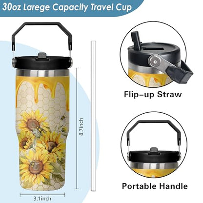 Queen Hero 30 oz Bee Tumbler with Handle, Large Insulated Tumbler with Flip & Straw Coffee Mug Cup Stainless Steel Gifts for Women Men Youth - color: Gold