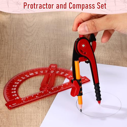 Zonon 2 Pcs Student Protractor and Compass, Student Geometry Math Set Drawing Compass and 180 Degree 6 Inch Protractor with Swing Arm for Drawing Measuring School Office (Red) - color: Red