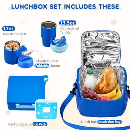 Lunch Box Set with Bento Box Container, 17OZ Stainless Steel Food Soup Thermo, Kids Water Bottle & Portable Insulated Lunch Bag – Leakproof, Hot/Cold Retention for School, Travel(Blue) - color: Blue