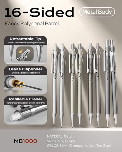 Nicpro 8 Pack 0.5mm & 0.7mm Metal Mechanical Pencil Set, MB1000 | Lead Drafting Pencil for Artist Writing, Sketching, Drawing with 6 Tubes HB Refills, 3×4B Eraser, 9×Cap Eraser - With Case - style: 8 Pack （0.5mm & 0.7mm）