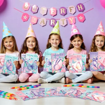 BenLouis 24 Butterfly Mini Coloring Books Kids with 24 Stacking Crayons Butterfly Theme Party Favors Activity Books Bulk for Kids Spring Fairy Birthday Goodie Bag Gift Stuffer Classroom Reward - style: Butterfly