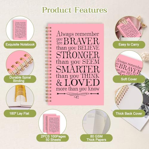2Pcs Spiral Journal Notebook for Women Men, A5 Motivational Journal with 100 Pages, College Ruled Hardcover Notebook for Office School Home, Inspirational Gifts Encouragement Gifts - color: Pink