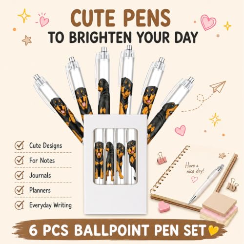 Cute Rottweiler Pens 6-Pack, Funny Dog Ballpoint Pens for Kids & Women, Puppy Gifts for Dog Lovers, School Supplies, Office Desk Accessories, Party Favors