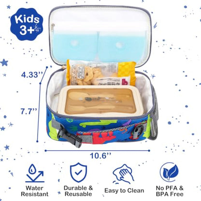 FlowFly Kids Lunch Bag, Durable Insulated School Lunch Box with Shoulder Strap and Bottle Holder, Water-resistant Thermal Small Lunch Cooler Tote for Teen Boys & Girls,Dinosaur - color: Dinoasur