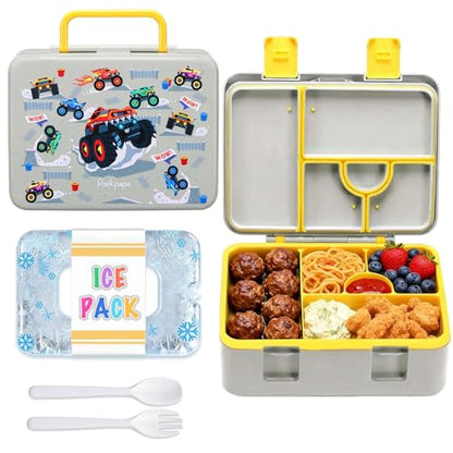 rockpapa Chill Bento Box for Kids- Large 5.5 Cups Lunch Box with Ice Pack - 5 Compartments, BPA-Free, Leak Proof, with Utensils & Portable Handle, Microwave/Dishwasher Safe (Grey Trucks) - color: Grey Trucks