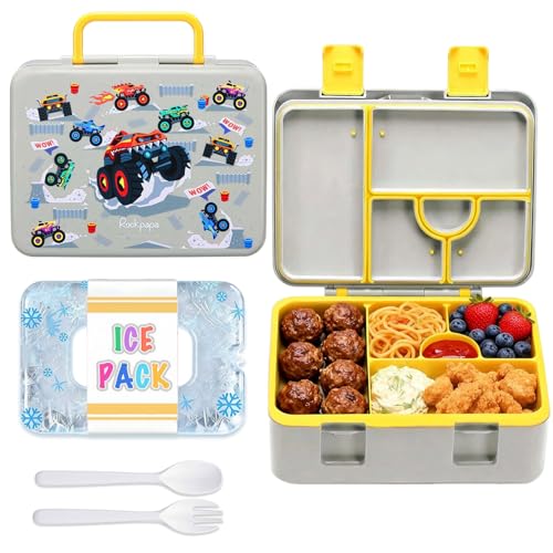 rockpapa Chill Bento Box for Kids- Large 5.5 Cups Lunch Box with Ice Pack - 5 Compartments, BPA-Free, Leak Proof, with Utensils & Portable Handle, Microwave/Dishwasher Safe (Grey Trucks) - color: Grey Trucks