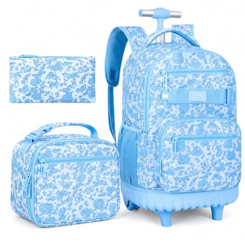 AGSDON Serene Floral Roller Backpack for Women Set – 20” Girls Rolling Bookbag with Matching Lunch Box for Travel, Commute & School | Water-Resistant Fashion Wheeled Organizer in Sky Blue - color: Rolling Backpack Set - Flower Blue