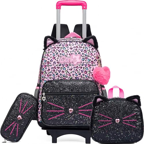 Meetbelify Girls Cute Backpack with Wheels for Elementary Students Kids Black Travel Luggage - color: Black Leopard Cat