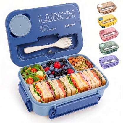Bento Box Adult Lunch Box, Lunch Containers for Adults 44.5 Oz/5 Cup, Blue | BPA-Free, Lid-Top Sauce Tray, Leak-Proof, 1300mL, Removable Silicone Sealing Ring, Lid-Top Utensil Slot with Included Cutlery - color: Blue