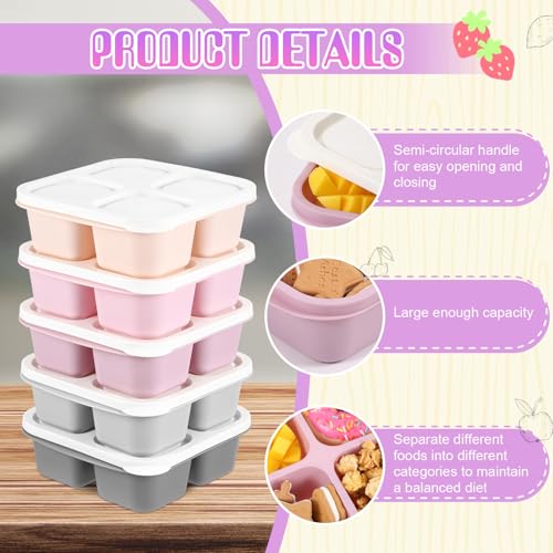 Honeydak 5 Pack Snack Containers 4 Compartment Bento Snack Boxes Reusable Lunchable Containers with Lids Divided Meal Prep Lunch Food Storage Box for School Work Travel(Gray and Pink Ombre,Equal) - color: Gray and Pink Ombre, style: Equal