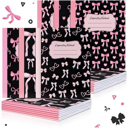 Fullhawl 6 Pack Composition Notebook College Ruled Bulk Black Pink Bow Composition Notebook Preppy Aesthetic for Back to School Supplies 110 Pages 9-3/4 x 7-1/2" Journal for First Day of School Office - color: Pink,Black, size: College Ruled