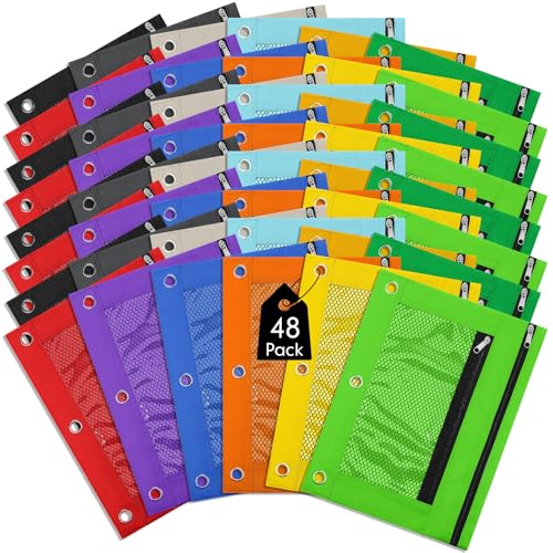 Leelosp 48 Pack Pencil Pouch for 3 Ring Binder Mesh Zipper Pencil Case Bags Binder Pouches Bulk for School Writing Utensils Storage Supplies (Multi-color) - color: Multi-color