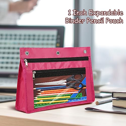 YoeeJob 1 Pack Pencil Pouch for 3 Ring Binder, Expandable Binder Pouches with Zipper, Large Capacity Pen Holder Case with Clear Window School Class Office Organizers, Rosy - color: Rosy