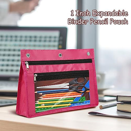 YoeeJob 1 Pack Pencil Pouch for 3 Ring Binder, Expandable Binder Pouches with Zipper, Large Capacity Pen Holder Case with Clear Window School Class Office Organizers, Rosy - color: Rosy