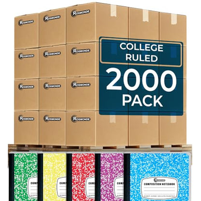 Rosmonde 2000 Pack (Pallet) Composition Notebook Bulk, College Ruled, Full Pallet of Composition Notebooks, 200 Pages (100 Sheets), 9-3/4 x 7-1/2, Bulk Notebooks for School & Office, 4-7 Days Transit - size: 2000 Pack | Full Pallet, style: Color Marble