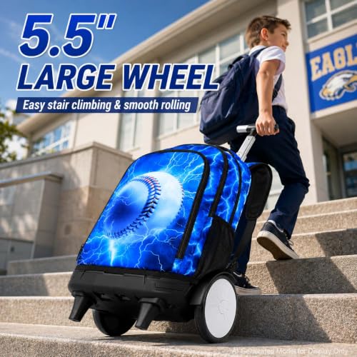 KLFVB Big Quiet-Glide Wheels Wheeled Backpack, 3-in-1 Rolling Bookbag Set with Lunch Bag | Water-Resistant Roller Bag for Boys, School, Travel, Play - Lightning Baseball - color: Big Wheels Rolling Backpack - Lightning Baseball