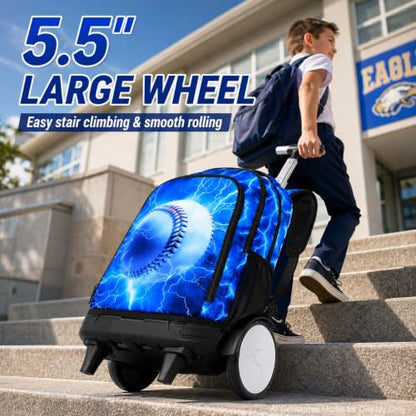 KLFVB Big Quiet-Glide Wheels Wheeled Backpack, 3-in-1 Rolling Bookbag Set with Lunch Bag | Water-Resistant Roller Bag for Boys, School, Travel, Play - Lightning Baseball - color: Big Wheels Rolling Backpack - Lightning Baseball