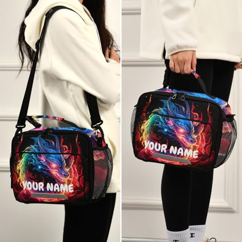 Cutom Name Kids Lunch Box Insulated Lunch Bags Cooler Tote Bag with Removable Shoulder Strap for Boy Girl Student 20847438-C - color: Cutom NameRainbow Flame Dragon