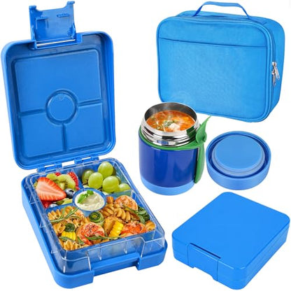 Pawtong Bento Lunch Box Set With 10oz Soup Thermo, Leak-proof Lunch Containers with 4 Compartment, Kids Hot Thermo Food Jar/Insulation Lunch Bag, Food Containers for School （Blue） - color: Blue