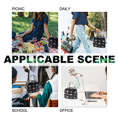 Sonuimy Insulated Lunch Bag Women, Reusable Cute Tote Lunch Box for Adult & Men, Leakproof Cooler Lunch Bags for Work Office Travel Picnic (Black with White Daisy) - color: Black with White Daisy