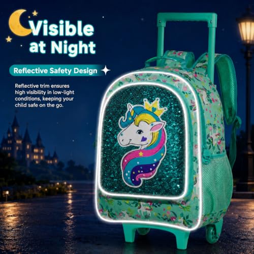 gxtvo Rolling Backpack for Girls, Kids Roller Wheels Bookbag - Roller Elementary Sequin School Bag - 3PCS Unicorn Green