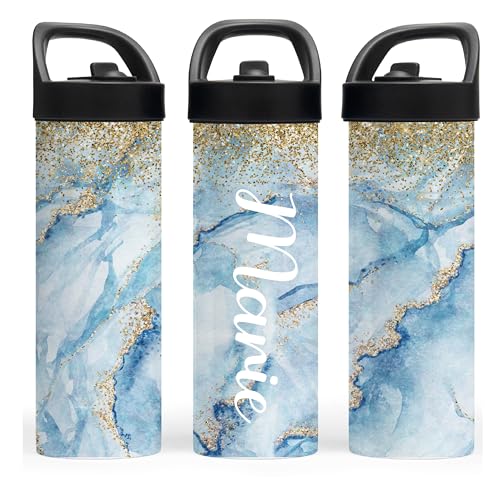 Personalized Marble Water Bottle with Name, 20oz Leakproof Stainless Steel Insulated Bottle, Custom Blue & Gold Glitter Marble Tumbler, School Gym Sports Travel Cup for Women Girls Students - color: Light Blue