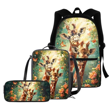 BIGCARJOB Animal Giraffe Backpack for School Kids Boys Large School Bags Set with Insulated Lunch Box Pencil Case Set of 3 Pcs Teens Girls Daypack Animal Print School Backpack Set - color: Animal Yellow Giraffe, size: One Size