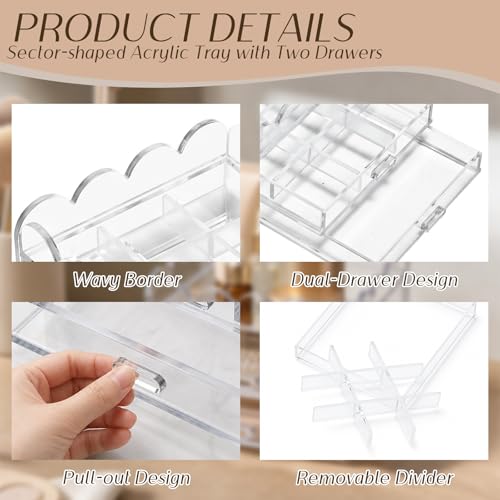 Scalloped Clear Acrylic 2-Drawer Organizer 5" x 5" with Removable 9 Compartment Divider, Storage Case for Sewing Supplies and Small Jewelry