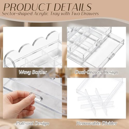 Scalloped Clear Acrylic 2-Drawer Organizer 5" x 5" with Removable 9 Compartment Divider, Storage Case for Sewing Supplies and Small Jewelry