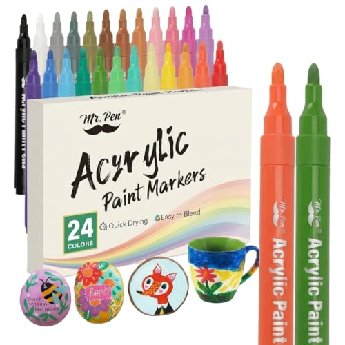Mr. Pen- Acrylic Paint Markers, 24 Pack, Colorful, Paint Pens for Rock | Fabric, Wood, Glass, Craft, Decoration, Stocking Stuffers, Scrapbook Supplies, Art Supplies