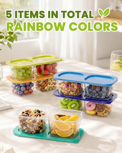 Snack Pack Containers for Kids, 5 Pack Reusable Snack Containers with Lids, 2 Compartment Small Bento Snack Box, BPA-Free Wheat Straw Lunchbox Accessories for School, Travel, Meal Prep - color: 5 Pack Gemstone Bright