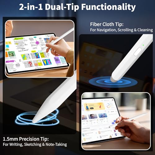 2-in-1 Stylus, Stylus Pen for iPad, Stylus Pen for Touchscreen Suitable for iPad/iPhone/Samsung/Android Smartphone and Tablets, Compatible with All Touchscreen (White) - color: White