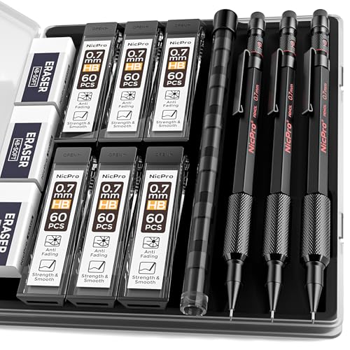 Nicpro 0.7 mm Mechanical Pencil Set with Case, 3PCS MP2000 Metal Artist Mechanical Pencil With 6 Tube HB Lead Refills, Eraser, Weatherproof Barrel for Outdoor Writing Drafting Drawing Sketching - size: 0.7mm