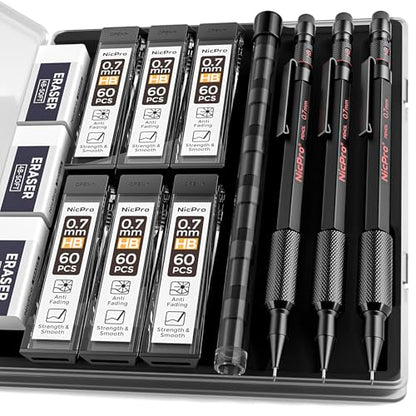 Nicpro 0.7 mm Mechanical Pencil Set with Case, 3PCS MP2000 Metal Artist Mechanical Pencil With 6 Tube HB Lead Refills, Eraser, Weatherproof Barrel for Outdoor Writing Drafting Drawing Sketching - size: 0.7mm