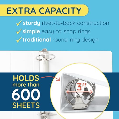 White 3 Ring Binder 3 Inch Heavy Duty Large Binder with Clear View Cover for Office and School, Big Rings Hold up to 625 Sheets of 8.5 x 11 Inch Paper, 4 Pack