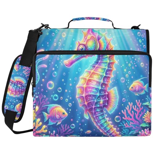 Seahorse 2-inch 3 Ring Zipper Binder with Shoulder Strap Holds 14 Inch Laptop for Students and Office - color: Seahorse