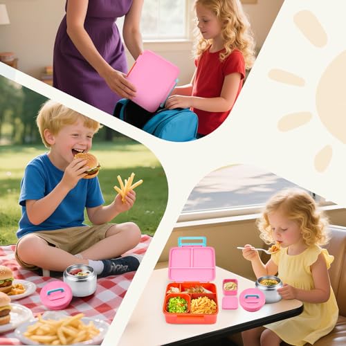 Bento Lunch Box for Kids with 8oz Soup Thermo Leak-Proof Lunch Food Containers with Snack Sauce Container for Kid Girls Boys to School,Pink - color: Pure Pink