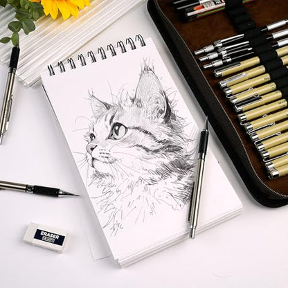 Nicpro 58 PCS Art Drawing Supplies Kit in Leather Case, Art Mechanical Pencil Set with Metal Drafting Pencil 0.3 & 0.5 & 0.7 & 0.9 & 2mm, 12 Micron Pen, Sketch Book, 30 Tube Lead Refills for Sketching